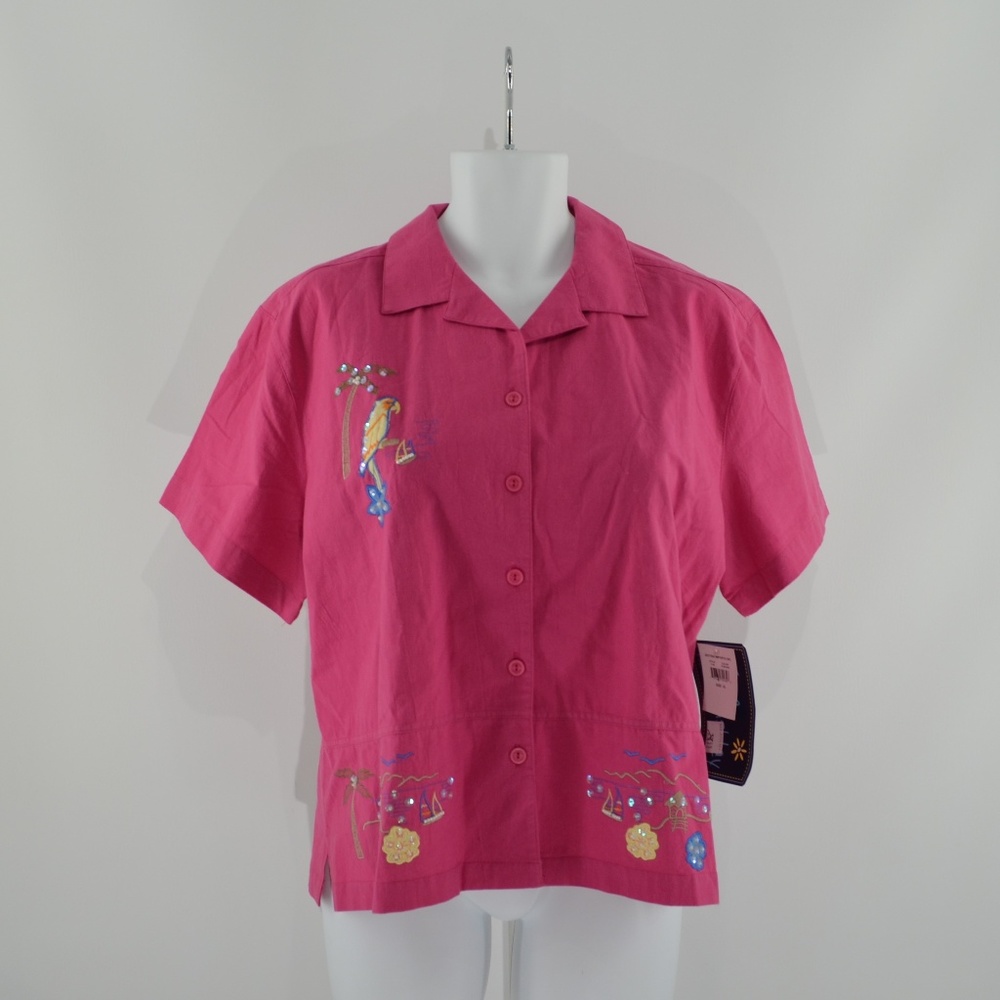 NWT Jane Ashley pink button down parrot top size extra large